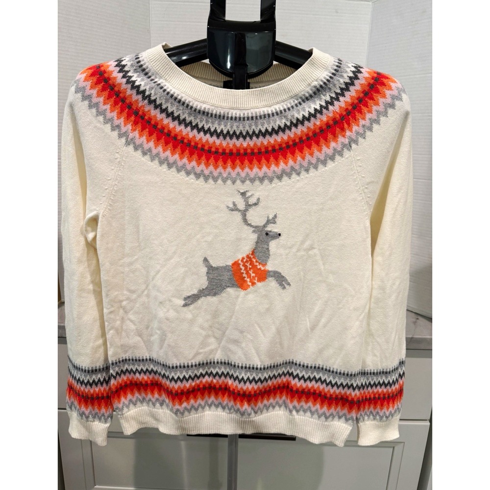 Talbots Women's Ivory Knit Pullover Sweater S Crew Neck Fair Isle Reindeer
